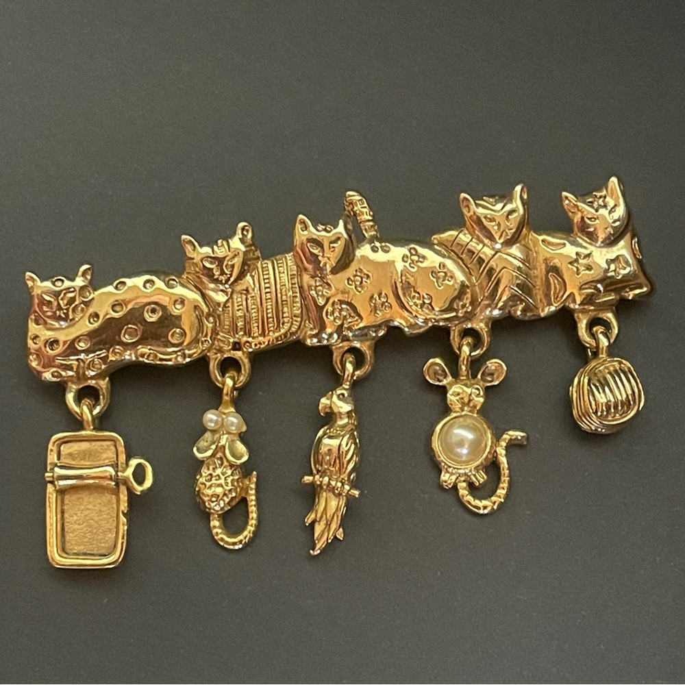 Vintage AJC Cat Brooch Pin w/ Dangle Charms Gold Tone Pearl Detail Cat Lady 80s